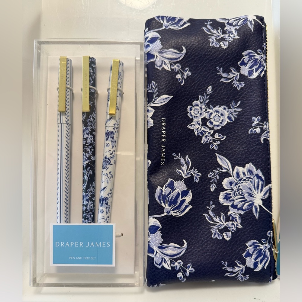 Draper James Blue and White Floral Pen set and Zip pouch